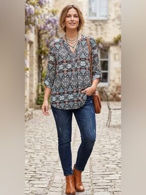 Democracy Aztec Print Button-Front Blouse in Blue and Tan